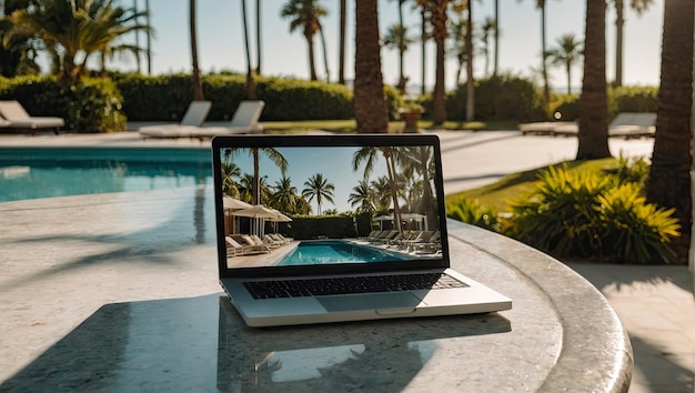 Laptop on table in tropical hotel with palm trees wallpaper on swimming pool in heat on trip Remote work on vacation and travel home office internet tours resort AI generated