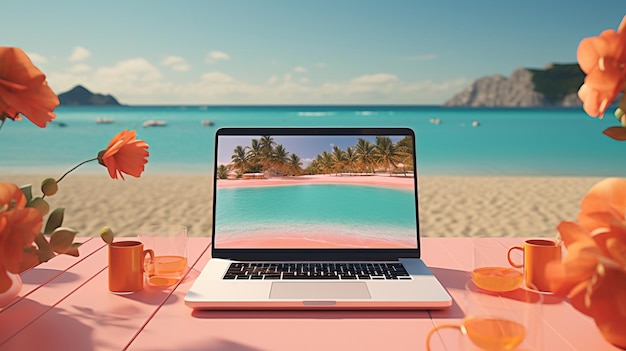 A laptop on a table with a beach and a cup of tea