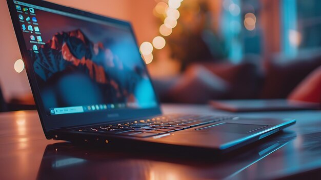 Laptop on a table with a blurred background The laptop is open and there is a picture of mountains on the screen