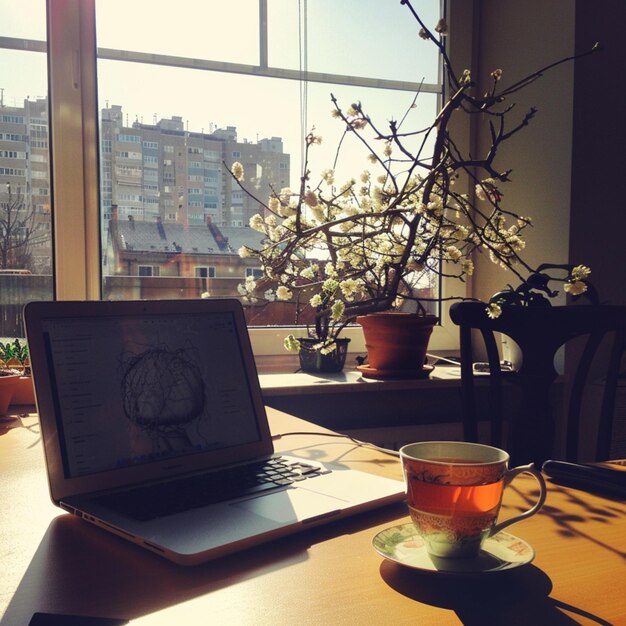 Photo a laptop on a table with a cup of tea and a cup of tea