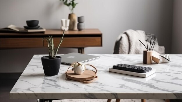 A laptop on a table with a lamp and books on itgenerative ai