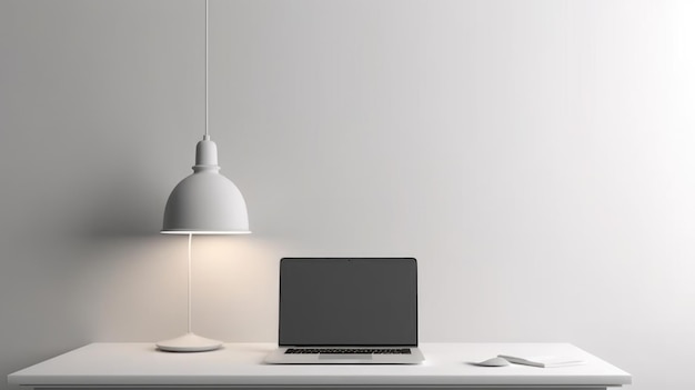 A laptop on a table with a lamp hanging above it