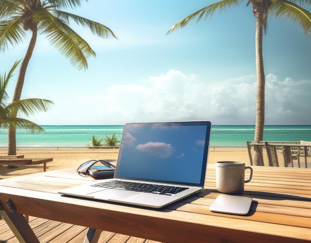 A laptop on a table with a palm tree and the beach in the background