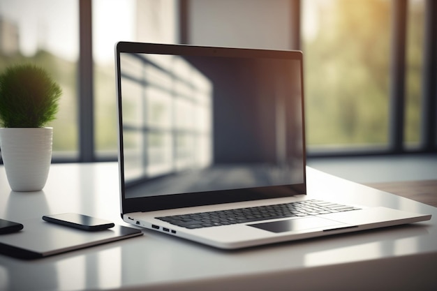 Photo a laptop on a table with a phone next to it