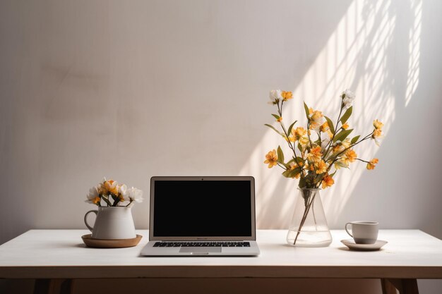 A laptop on a table with a vase of flowers on it