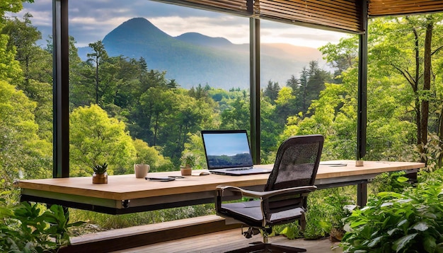 Photo laptop on the table with view of the mountains in the background