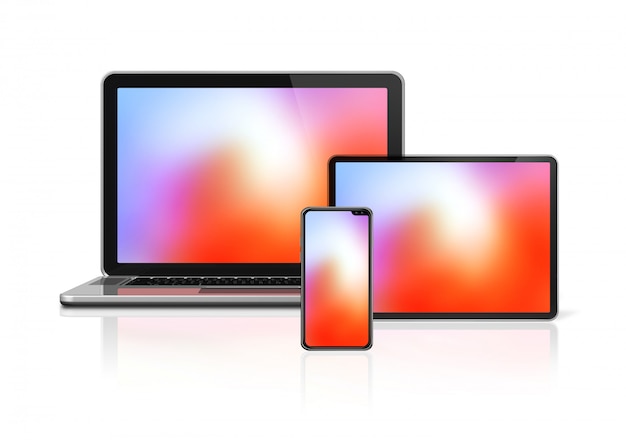 Photo laptop, tablet and phone set mockup isolated on white.