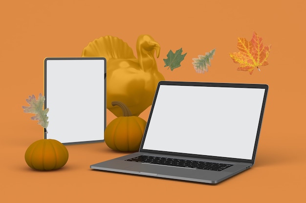 Photo laptop and tablet right side in thanksgiving themed background