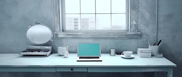 Photo a laptop that is on a desk with a blue screen