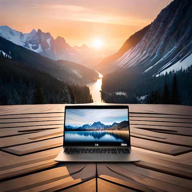 Foto un laptop aperto a un tramonto con le montagne sullo sfondo.