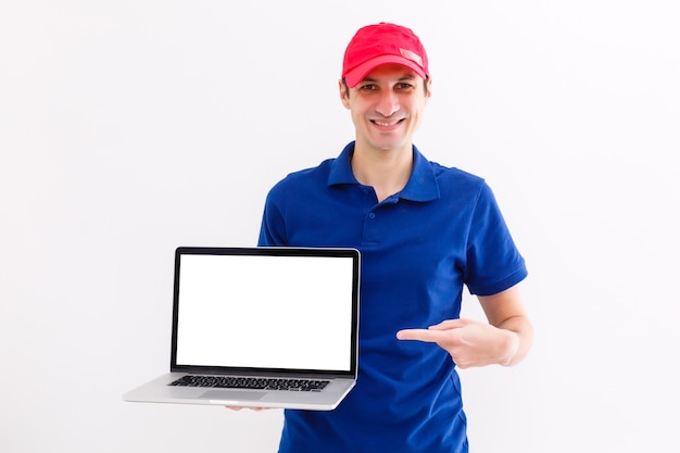 Laptop that is right for you. Handsome man hold laptop isolated on white. Professional laptop computer repairman or tech worker. Notebook and pc. New technology. Buy laptop computer, copy space.