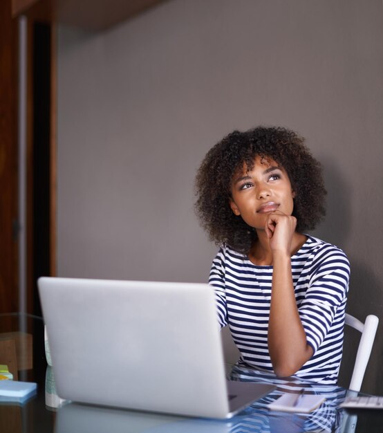 laptop thinking and woman with ideas for online learning university choice or education vision in remote opportunity young african person or creative student for inspiration or decision on college