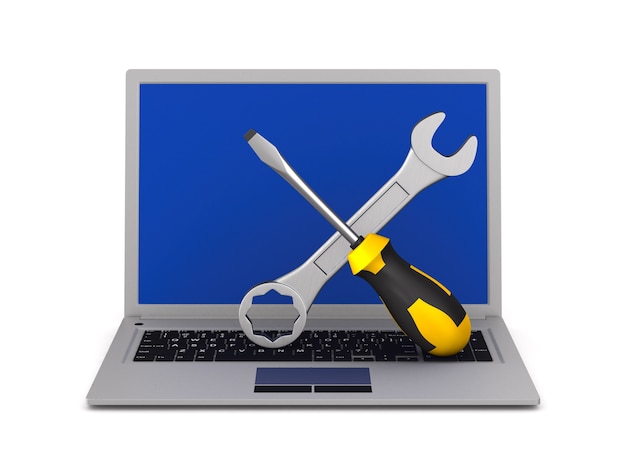 Laptop and tool on white background. Isolated 3D illustration