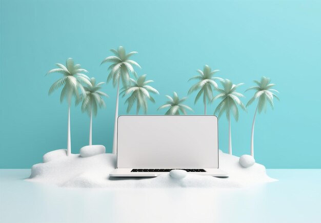 Ноутбук путешествие компьютер пляж тропический концепт дерево пальма летние каникулы Генеративный ИИ