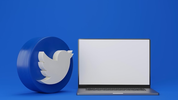 Photo laptop and twitter logos mockup on blue background 3d render