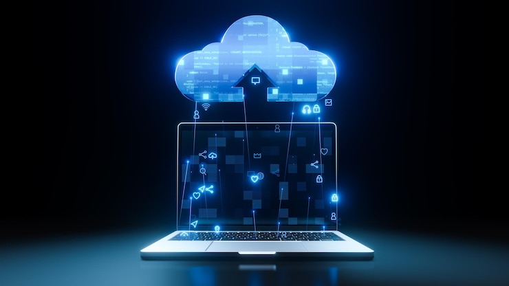 Photo laptop upload big data to cloud technology