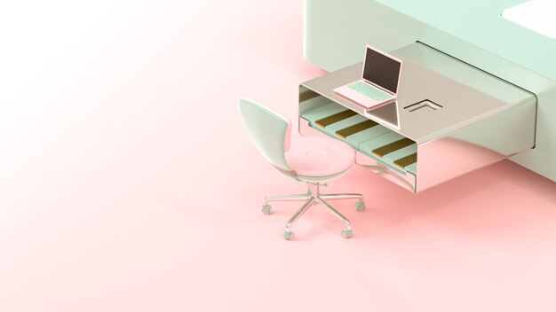 Laptop on USB flash drive table shape pink and green pastel color, 3d render.