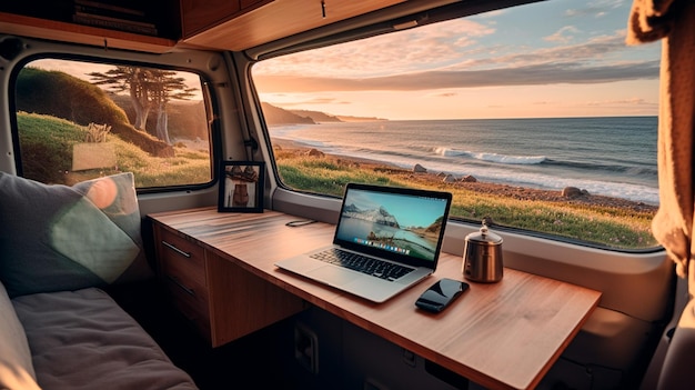 Laptop in a van by the sea Generative AI