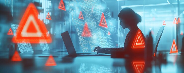 Photo laptop warning icon displayed while man uses computer