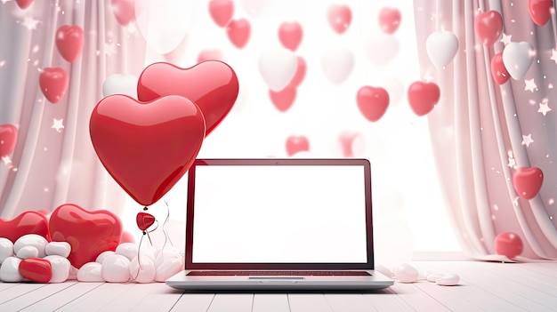 Laptop a white screen mock up on a table with a Valentines day decor with heartshaped balloons petals and a bouquet of flowers Online greetings festive remote work shopping AI generated
