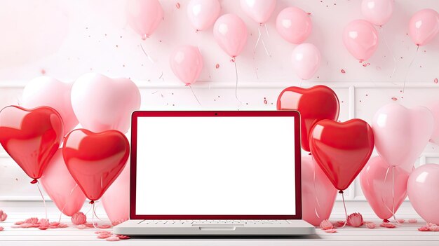 Laptop a white screen mock up on a table with a Valentines day decor with heartshaped balloons petals and a bouquet of flowers Online greetings festive remote work shopping AI generated