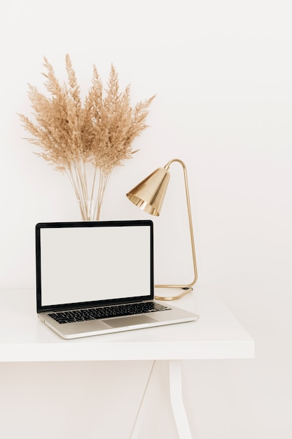 Laptop on white table with golden lamp and pampas grass