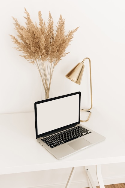 Photo laptop on white table with golden lamp and pampas grass