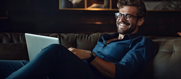 Laptop wielding freelancer relaxing on the couch at home wearing glasses and happily using his phone