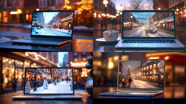 Photo laptop on winter street cafe table