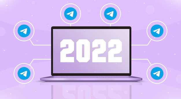 Laptop with 2022 on the screen and telegram icons around 3d