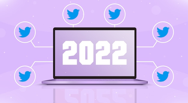 Laptop with 2022 on the screen and twitter icons around 3d