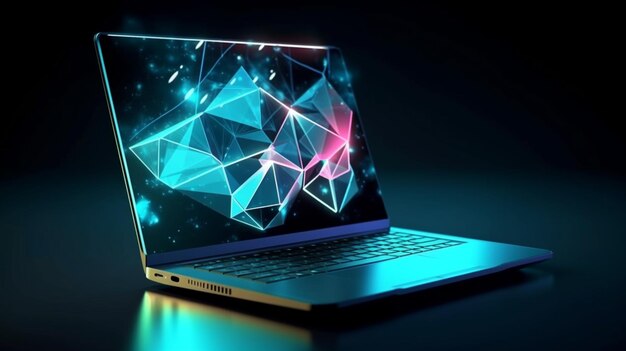 Laptop with abstract polygonal illustration on dark backgroundgenerative ai