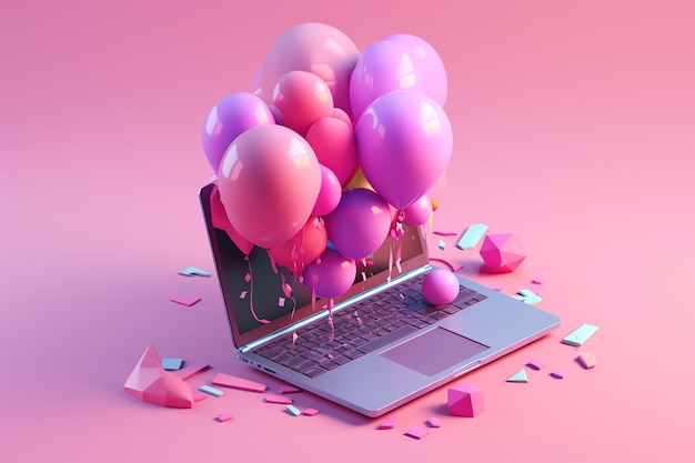 A laptop with balloons floating out of it