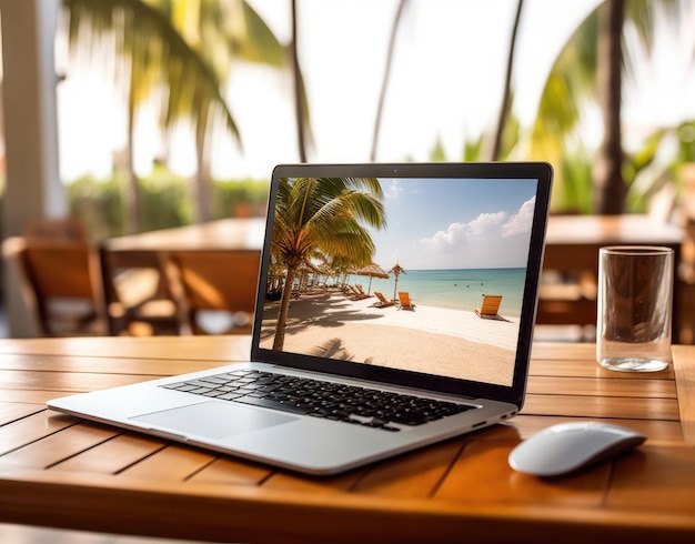 A laptop with a beach scene on the screen