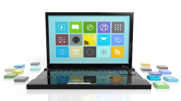 Laptop with beveled square apps isolated on white background