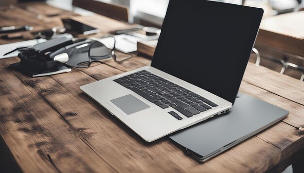 Photo a laptop with a black keyboard and glasses on the table