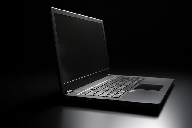 Ноутбук с черным экраном и серой клавиатурой.