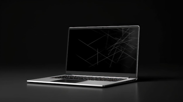 A laptop with a black screen that has a crack on it.
