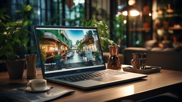 Photo laptop with a black screen in a wooden table