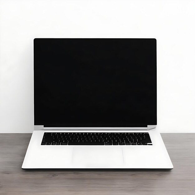 laptop with blank black screen on a white table