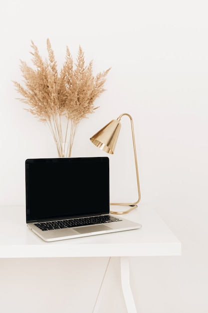 Laptop with blank copy space screen on white table with golden lamp and pampas grass  reeds bouquet