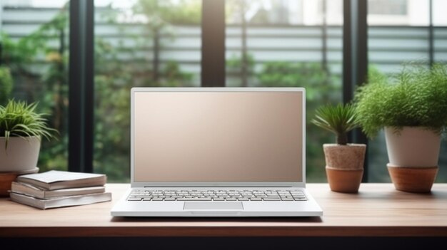 laptop with blank front realistic on a mockup template in a table in a luxury office