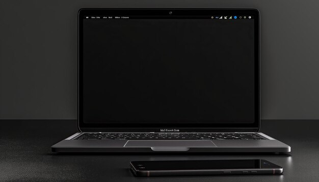 写真 黒い背景のスマートフォンと空の画面のラップトップ 3d レンダリング
