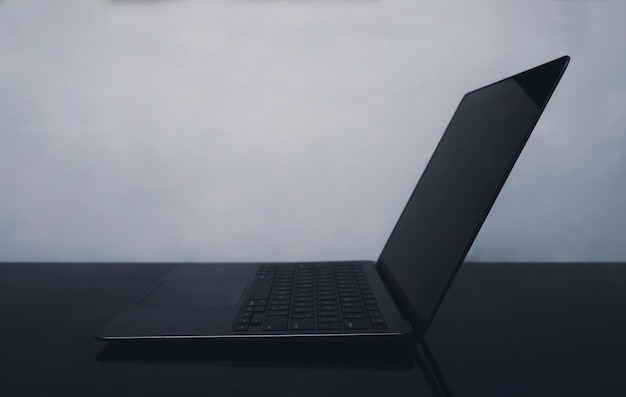 Laptop with blank screen closeup concept image