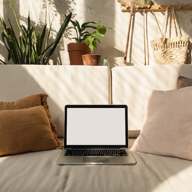 Laptop with blank screen on comfortable sofa in warm sunlight shadows.