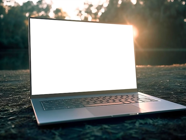 Foto laptop con schermo vuoto a terra nel parco al tramonto ai generativa