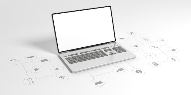 写真 アプリ アイコン 3 d イラストと白い背景に空白の画面を持つノート パソコン