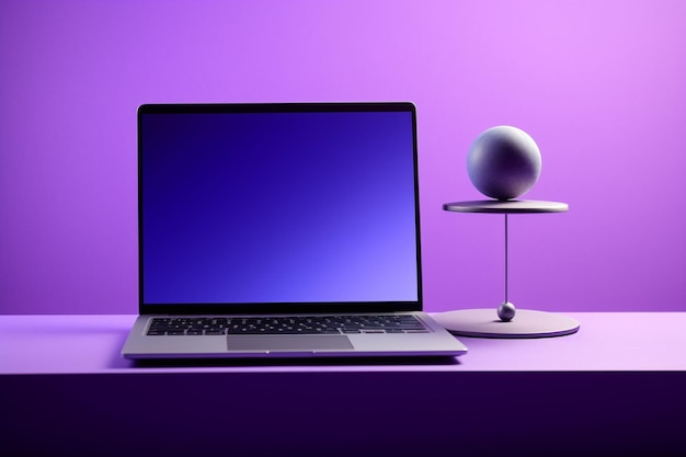 Photo laptop with blank screen on purple background 3d rendering ai generated