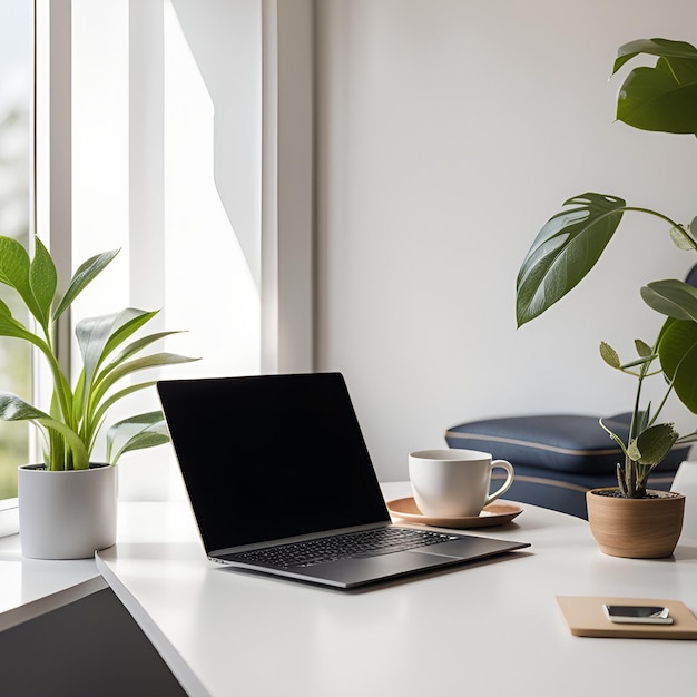 Laptop with blank screen sitting on white table in modern office workplace concept