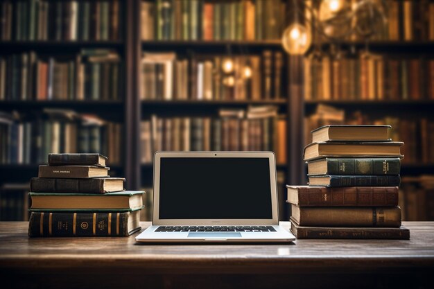 Photo laptop with blank screen on table and bookshelf background